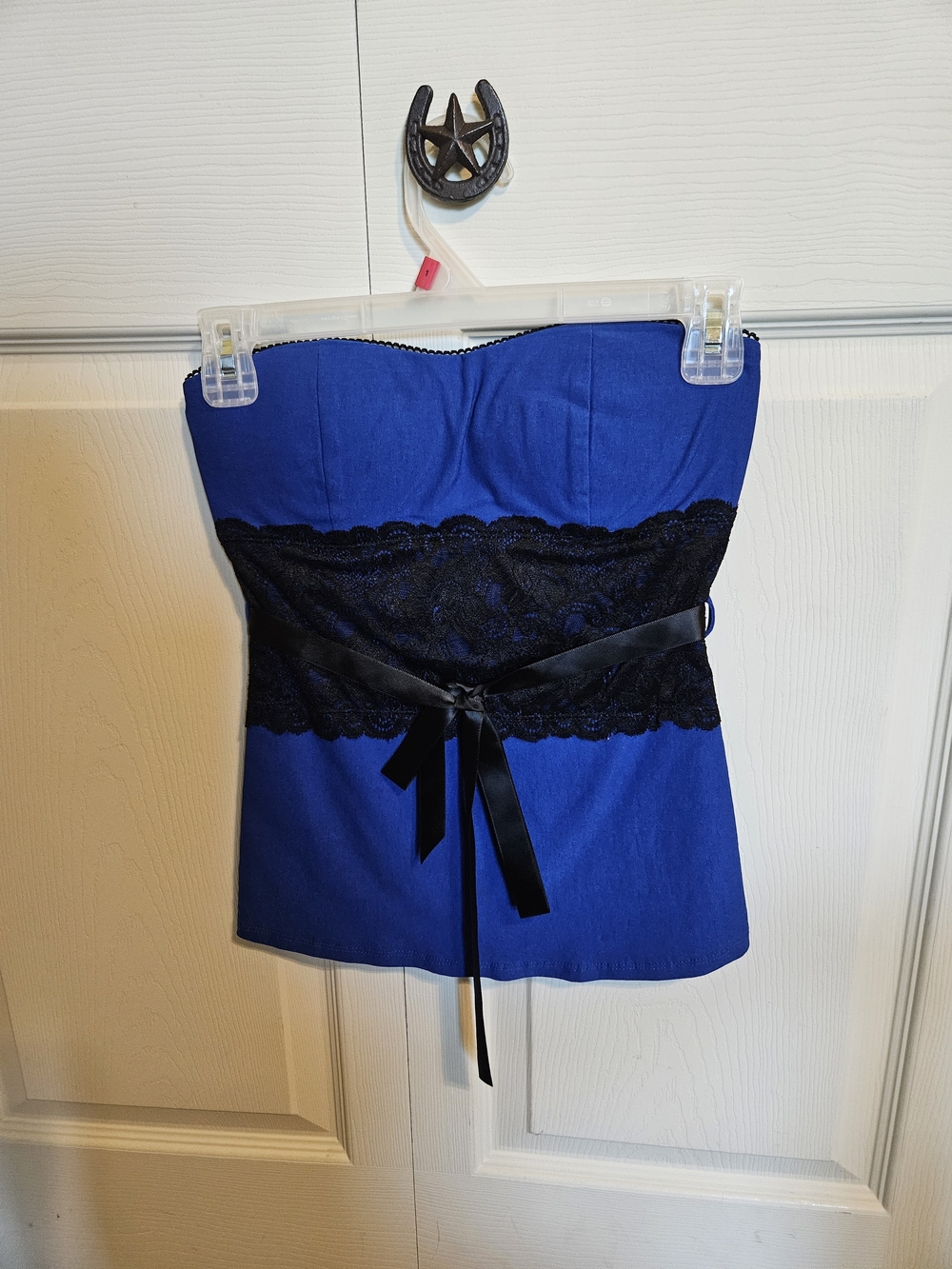 Strapless Blue Lace-Trim Bustier Top with Black Ribbon